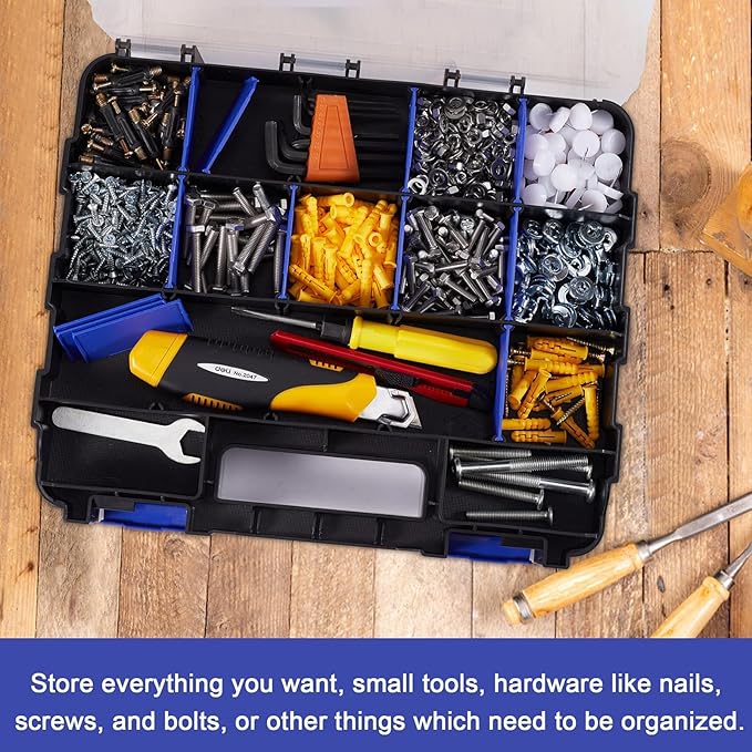 AIDY-PRO Hardware Organizer Box 34 Compartments Small Parts Organizer with Removable Dividers Durable Plastic Double Side Tools Box Screw Organizers For Nuts, Bolts, Screws, Nails 2Pack