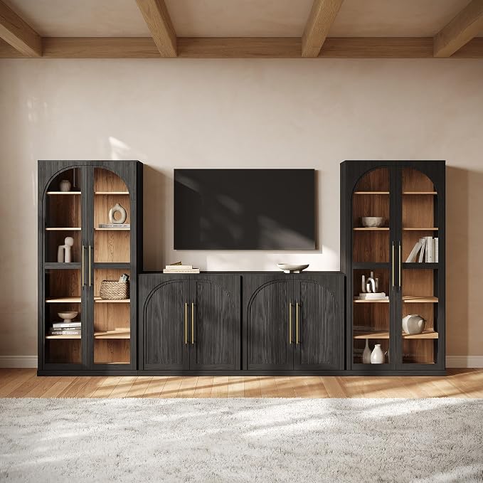 BELLEZE 3-Piece Modular TV Stand Set - 1 Arched Wood Door Sideboard and 2 Tall Cabinets, Modern Media Console with Adjustable Shelves for Living Room(Ebony)