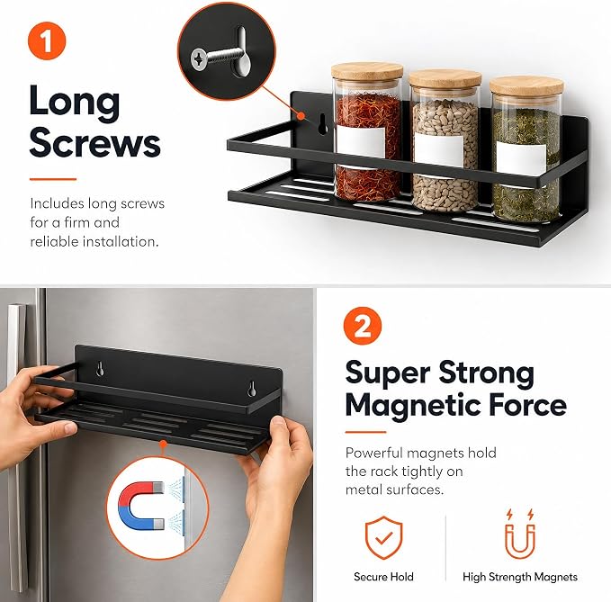 SMRCAD 4 Pack Metal Magnetic Spice Rack for Fridge – Heavy-Duty | Iron Construction, Rust-Resistant, Dust-Resistant, Fits Condiment Bottles, Includes Screws for Optional Wall Mount
