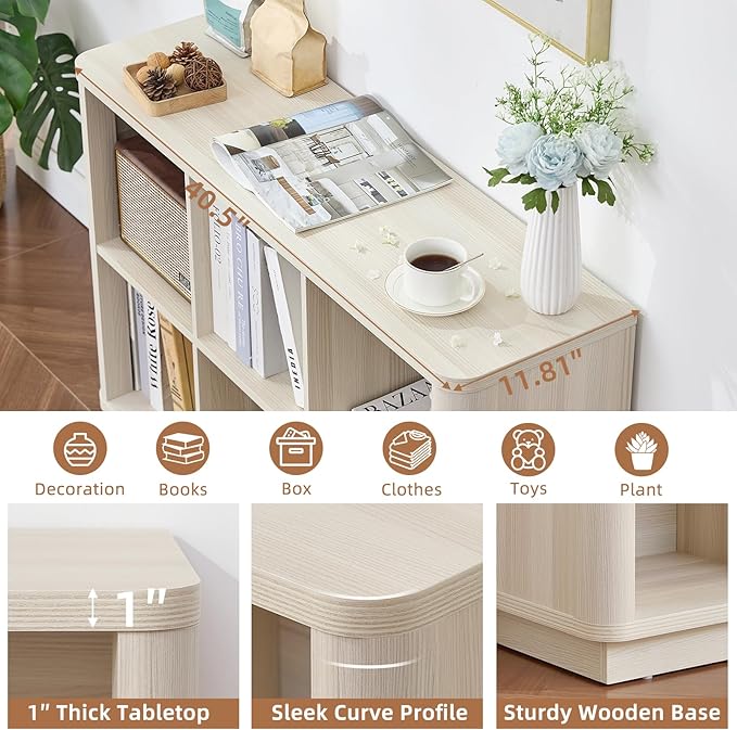 Joaxswe 6 Cube Bookcase, 40" Wide Horizontal 2-Tier Book Shelf w/Curved Edge, Wood Low Floor Standing Bookshelf with Base, Modern Short Storage Organizer for Living Room,Office, Gray-White Cream Oak