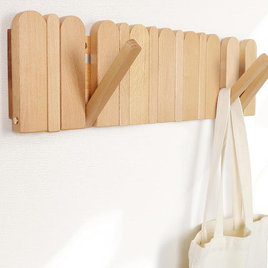 Wall Coat Rack for Entryway: Folding Wood Modern Heavy Duty 8 Hooks | 21.6'' Wall Mounted for Boho Home Decor Bathroom Bedroom Hallway for Hanging Towel Jacket Backpack Bag
