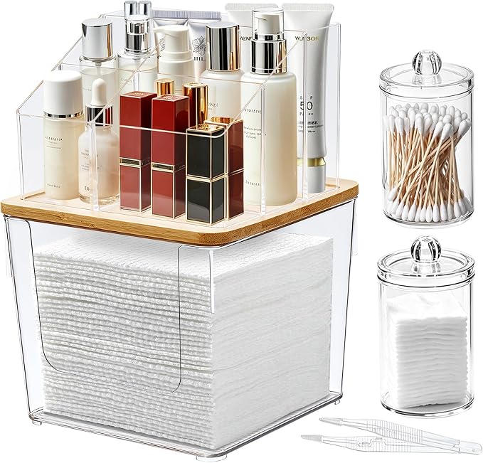 2 Tier Disposable Facial Towel Holder with 2 Q-tip Holders & Clip | 2-in-1 Facial Towels Storage and Cosmetic Organizer with Banboo Lid,Skincare Organizer for Vanity, Bathroom Countertop,Dorm