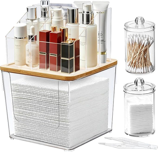 2 Tier Disposable Facial Towel Holder with 2 Q-tip Holders & Clip | 2-in-1 Facial Towels Storage and Cosmetic Organizer with Banboo Lid,Skincare Organizer for Vanity, Bathroom Countertop,Dorm