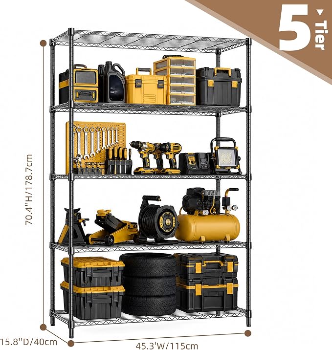 M MZG 5-Shelf Heavy Duty Garage Shelving Wire Adjustable Storage Rack for Kitchen Laundry Bathroom Pantry 1750 lbs Capacity Black 15.8 x 45.3 x 70.4 Inch