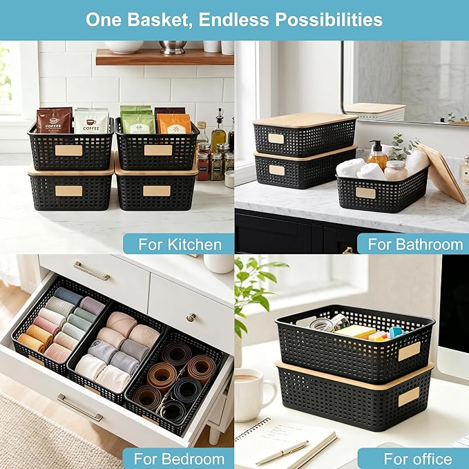 Bagnizer 4 Pack Plastic Storage Bins with Bamboo Lids, 6.2qt Stackable Storage Organizer Box with Lable for Pantry Shelves Drawers Desktop Office, 12"L x 8.3"W x 3.5"H, Black