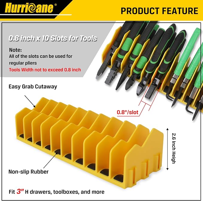 HURRICANE Plier Organizer Rack, 10-Slot Pliers Cutters Rack with Non-Slip Rubber Base, Tool Drawer Toolbox Organizer and Storage, Extendable Design, Fit 3” H, 1 Pack, Yellow