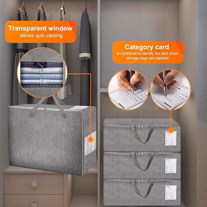 3 Pack 105L Comforter Storage Bags, Extra Large Bedding Storage Bags with Card and Clear Window, Reinforced Handles & Zippers, Foldable Closet Organizers for Blanket Pillow Clothes