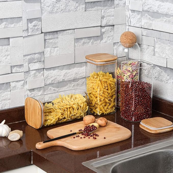 ComSaf Glass Storage Containers wtih Lids 1.6 Qt, Set of 3 Food Storage Jar | Square Kitchen Canisters, Glass Pantry Jars, Pantry Organizers, Dry Food Storage, Tea, Oat, Spice, Coffee, 51oz, BPA Free