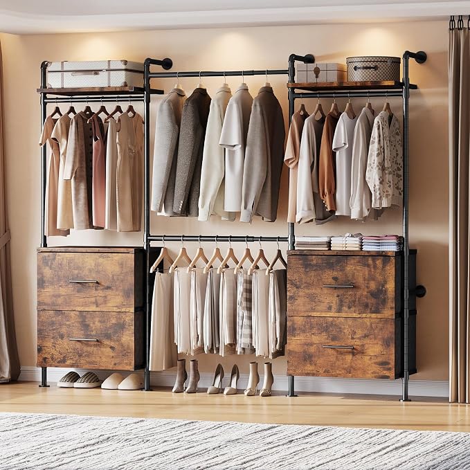ONBRILL T4 Wall Mounted Closet System, Industrial Pipe Clothing Rack with 8 Wooden Shelves, 4 Drawers & 4 Hanging Rods (2 Expandable), Heavy Duty Closet Organizers and Storage System (Rustic Brown)