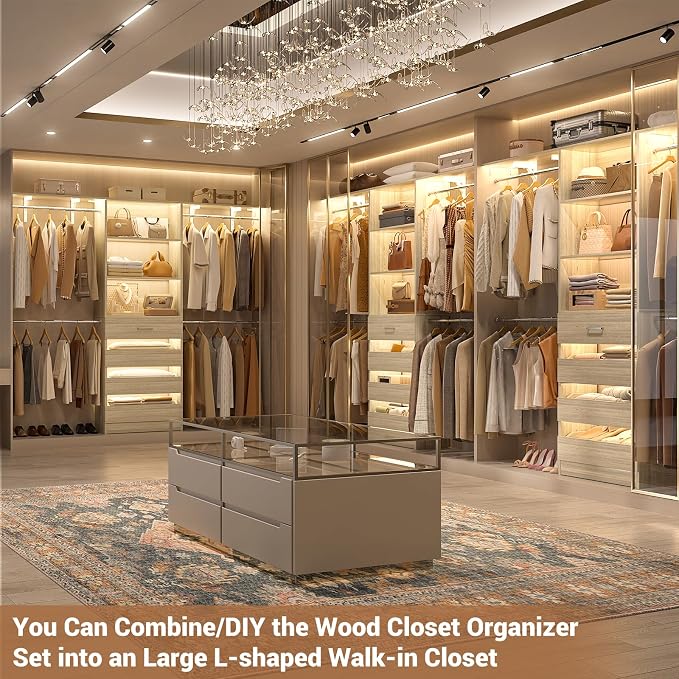 Aheaplus Closet System with 4 Drawers, 8FT Wood Closet Organizer System, 96’’ Closet Built In System Tower with Shelves, Walk-in Closet Wardrobe Clothes Garment Rack, Fits Spaces 4-9 ft, White Oak