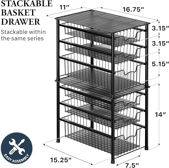Simple Houseware Stackable 3 Tier Sliding Basket Organizer Drawer, Black