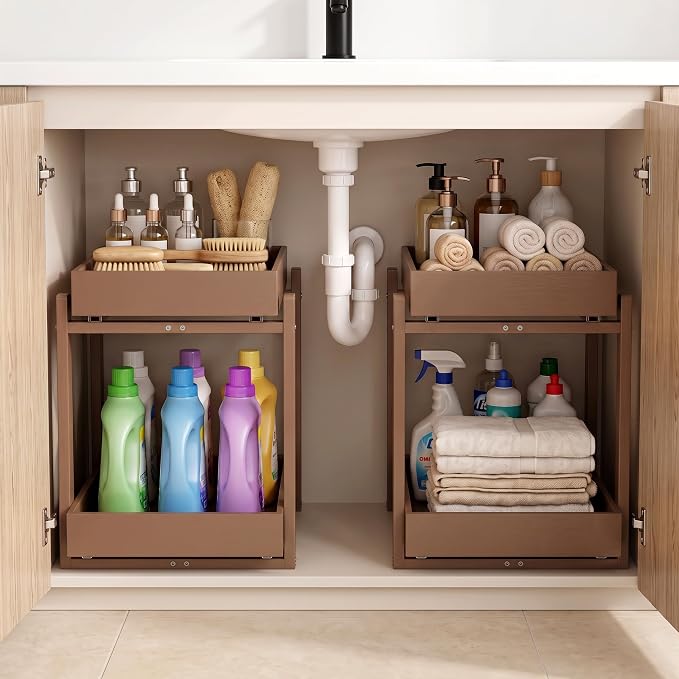 MHXW SXPN Bamboo Under Sink Organizer, 2 Pack Pull Out Cabinet Organizer | 2 Tier Vertical Smooth Slide Out Undersink Storage Shelf | Multi-Purpose Organizer Shelves for Kitchen Bathroom Medicine