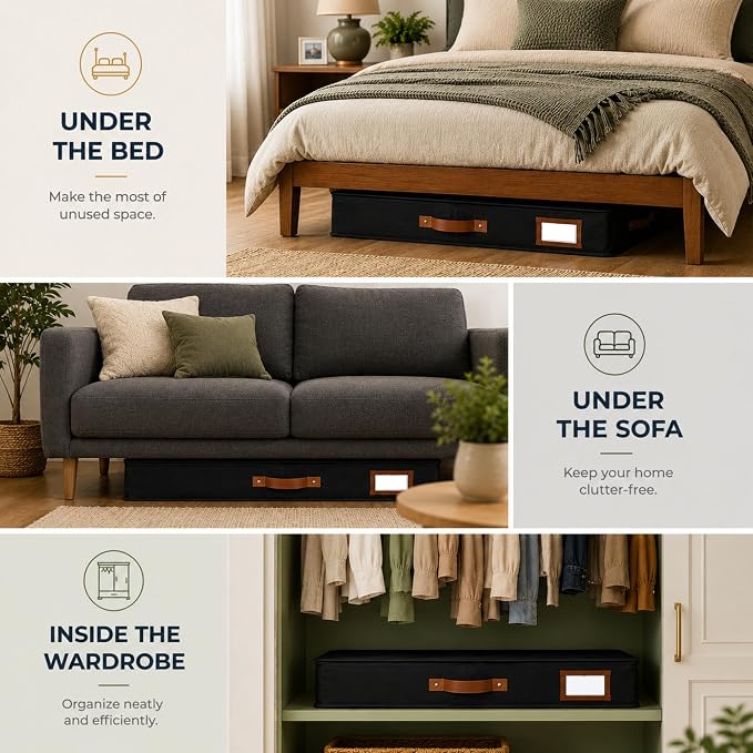 2pc Low Profile Under Bed Storage Containers, Thin Under Couch Storage Organizer with Bins & Lids, Underbed Storage Box Ideal for Seasonal Clothes, Blankets, Fabric & Shoes (Black)