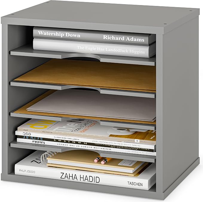 Ballucci 5-Tier File Organizer for Desk, Wooden Mail Sorter, Office Desk Organization, Paper Storage Organizers, Folder Holder for Desk, Letter Trays & Stacking Supports, Gray