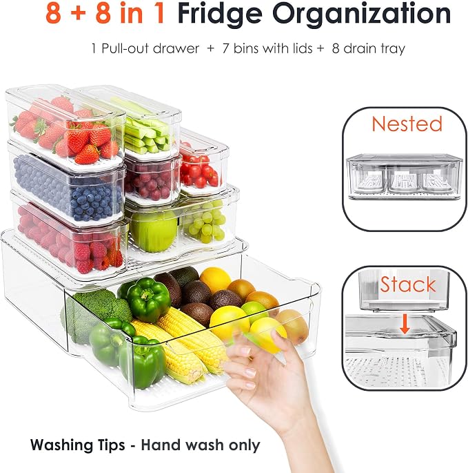 SMRCAD 8 Pack Clear Fridge Organizer Bins with Drain Trays - Stackable | BPA-Free PET, 8 Pack: 1 Drawer + 7 lidded Bins, Helps Keep Produce Fresh, 18.3L Capacity, Hand Wash Only