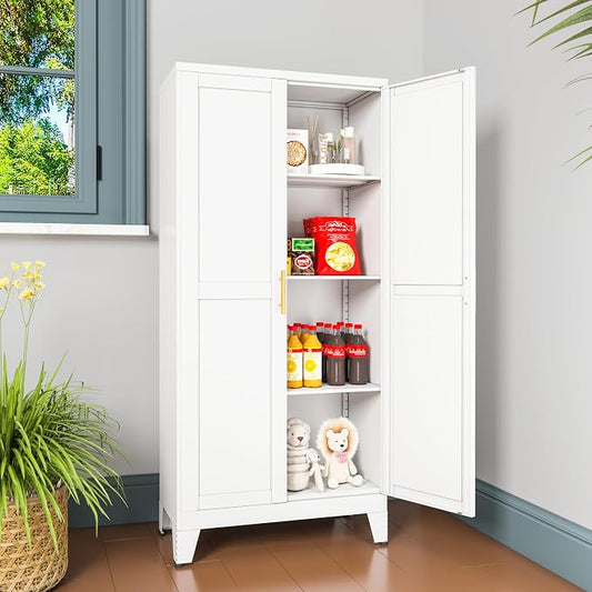 winiowa Metal Pantry Cabinet with 2 Doors and Adjustable Shelves, Kitchen Storage cabinets with Gold Handles, Versatile Storage for Laundry/Living Room,Bathroom,Dinning Room-White
