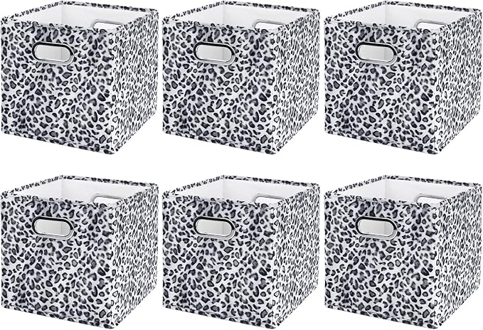 ANMINY Leopard Cheetah Print Storage Cubes Bins, Velvet, Gray, 11Inch 6PCS | Collapsible & Washable, PP Board Frame, Built-in Metal Handles, Animal Themed Fabric Cubes Baskets for Closet Shelves Decor