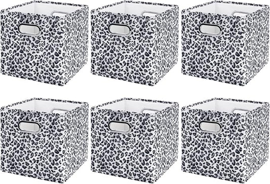ANMINY Leopard Cheetah Print Storage Cubes Bins, Velvet, Gray, 11Inch 6PCS | Collapsible & Washable, PP Board Frame, Built-in Metal Handles, Animal Themed Fabric Cubes Baskets for Closet Shelves Decor