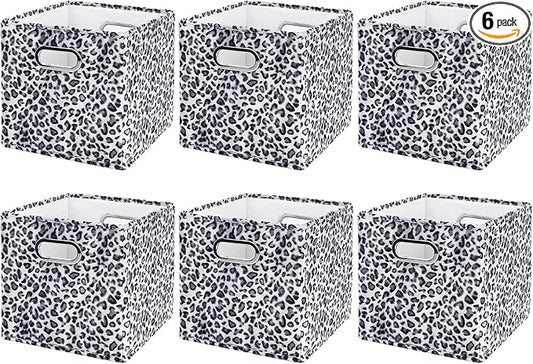 ANMINY Leopard Cheetah Print Storage Cubes Bins, Velvet, Gray, 13Inch 6PCS | Collapsible & Washable, PP Board Frame, Built-in Metal Handles, Animal Themed Fabric Cubes Baskets for Closet Shelves Decor