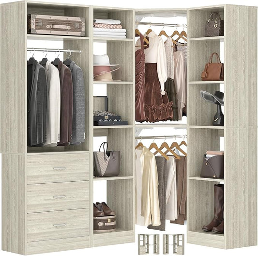 Besiost Corner Closet System with 3 Drawers, Corner Closet Organizer System with 13 Shelves & 3 Hanging Rods, 63.2"L * 39.2"W Reversible L Shaped Walk-in Closets, Load 2000+LBS, White Oak