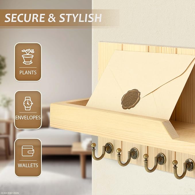 Rebee Vision Key Holder Wall Mount with Shelf for Entryway, Original Wood | Pine Wood, Farmhouse Key Holder for Wall, Floating Shelf for Plants, Key Hanger for Apartment Essential, Room Decor Accent