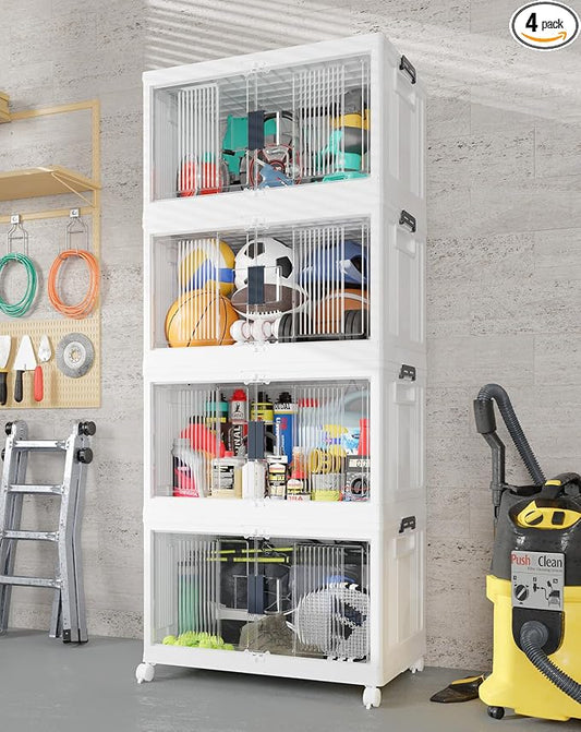OlarHike 97QT Lockable Stackable Storage Bins with Lids - Folding Box with Doors & Wheels, Collapsible Plastic Cabinets for Closets and Organization, Garage, Office, College, School, Shelves, 4 Pack