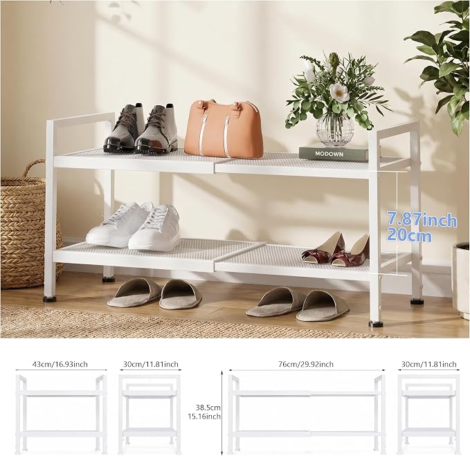 Shoe Rack, Expandable Shoe Rack for Closet, Adjustable Shoe Organizer for Entryway, Shoe Storage Organizer for Door Entrance, Garage, Bedroom (White, 2-Tier)