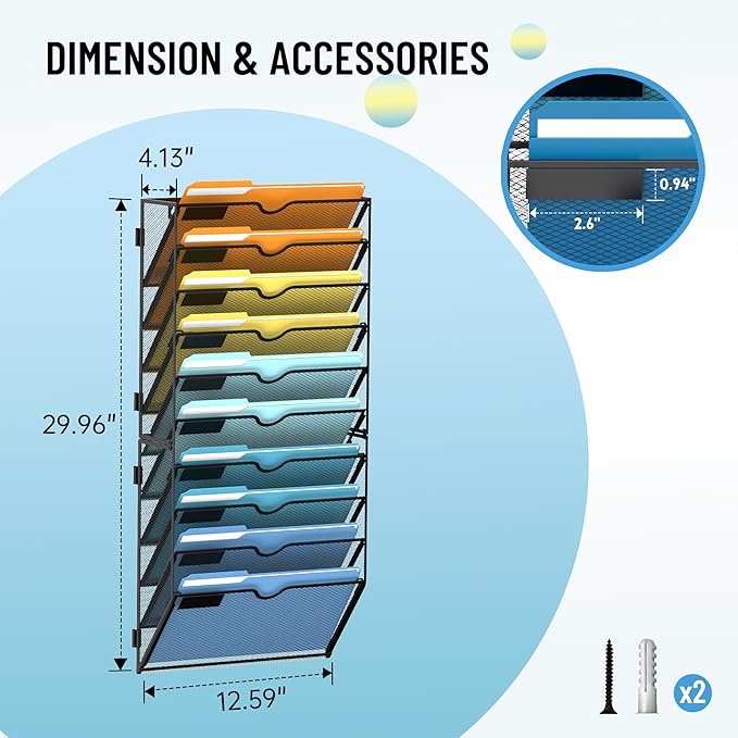 10-Tier Hanging Wall File Organizer with Hooks for Office Organization | Mesh Wall File Holder, Mail Organizer Wall Mounted for Papers, Documents, Folders and Magazines in Home Office, Classroom