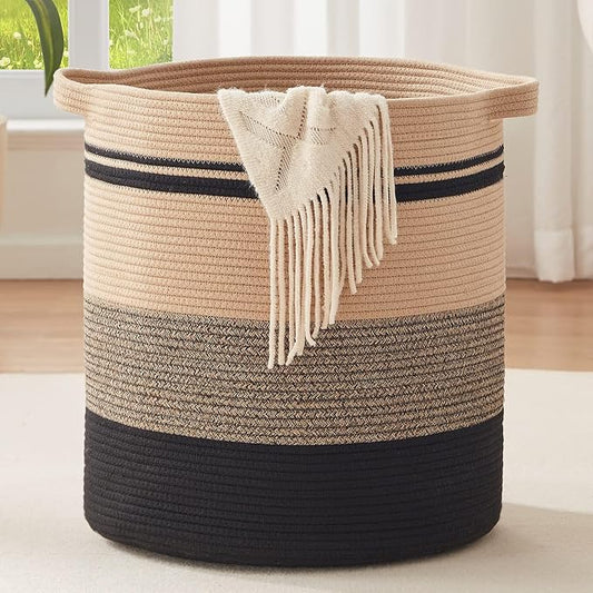OIAHOMY 80L Laundry Baskets-Laundry Hamper,Storage Basket with Handles,Decorative Basket for Living room,Woven Storage Basket for Toys Bin,Pillows, Blankets,Clothes-20x18in-Yellow Black