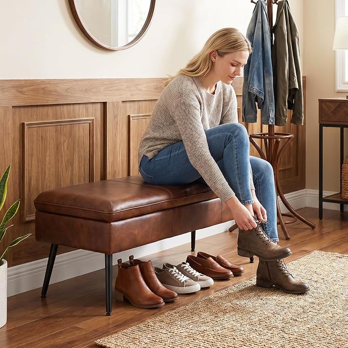 Ottoman with Storage Bench, Upholstered Large Entry Bench Cognac | 43.3" Mid-Century Modern End of Bed Bench w/ Flip-Lid Metal Legs Padded Seat for Living Room Bedroom Entryway, Faux Leather