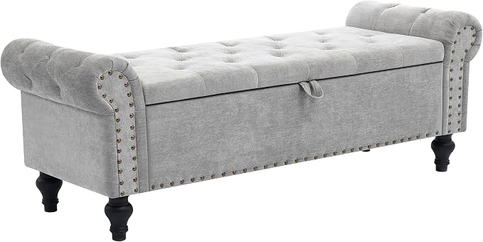 55" Storage Bench for Bedroom, Upholstered Ottoman Bench Chenille LightGray | End of Bed Bench for Bedroom, Window Benches for Living Room, Entryway, Ottoman with Large Storage Space, Pet Friendly