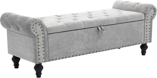 55" Storage Bench for Bedroom, Upholstered Ottoman Bench Chenille LightGray | End of Bed Bench for Bedroom, Window Benches for Living Room, Entryway, Ottoman with Large Storage Space, Pet Friendly