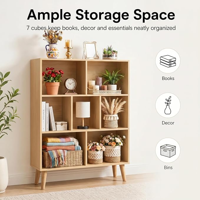HealSmart 7 Cube Storage Organizer, 3 Tier Bookshelf with Legs, Free Standing Cube Bookcase for Living Room, Bedroom, Office, Wood