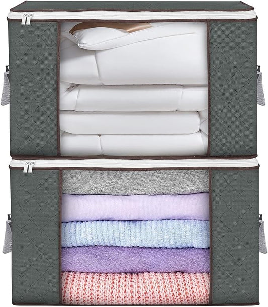 90L Large Storage Bags, 2 Pack Clothes Storage Bins Closet Organizers | Foldable Storage Containers, with Reinforced Handle, for Clothing, Blanket, Comforters, Bed Sheets, Pillows and Toys,Gray