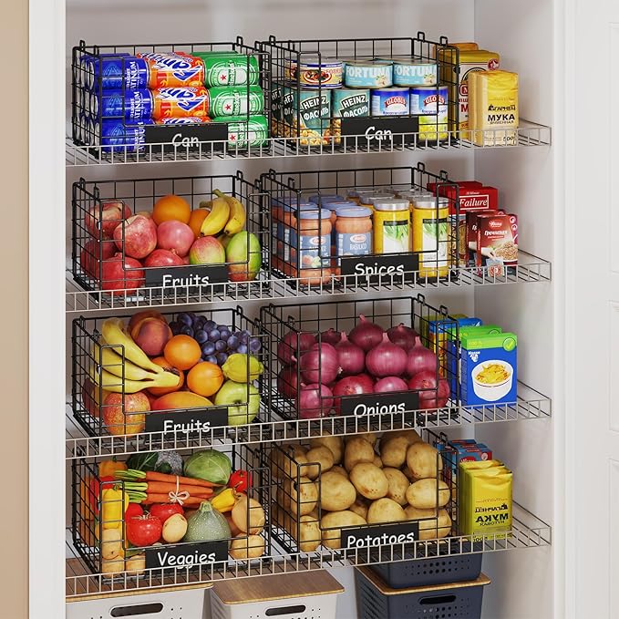 JKsmart 4 Pack XL Stackable Wire Baskets, Pantry Organizers and Storage | Pantry Baskets with Handles and Name Plates, Muti-Purpose for Snack Organizer & Vegetable Basket & Fruit Basket & Snack Rack