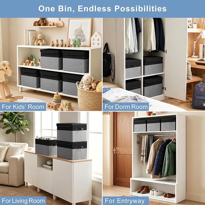 Bagnizer Large 22 Quart Linen Fabric Foldable Storage Bin Cube Organizer Basket with Flip-Top Lid & Handles, Clothes Blanket Box for Home, Office, Closet, Black & Gray, 4 Pack 14.6 x 9.5 x 9.5