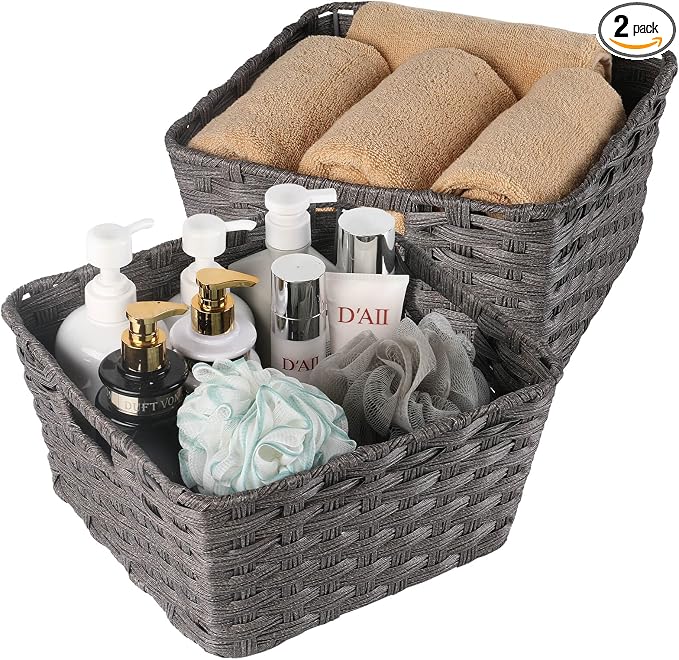 2-Pack Plastic Wicker Storage Baskets for Bathroom, 12"x12"x6", Dark Grey | onlytak woven storage bins for shelves, toilet paper, closet, and home organizing – stackable, durable.