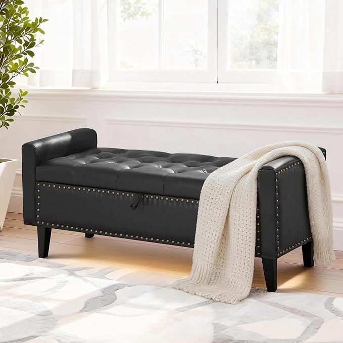 47'' Leather Storage Ottoman Bench, End of Bed Storage Bench with Wooden Legs, Upholstered Tufted Ottoman with Storage for Bedroom, Living Room, Entryway, Black