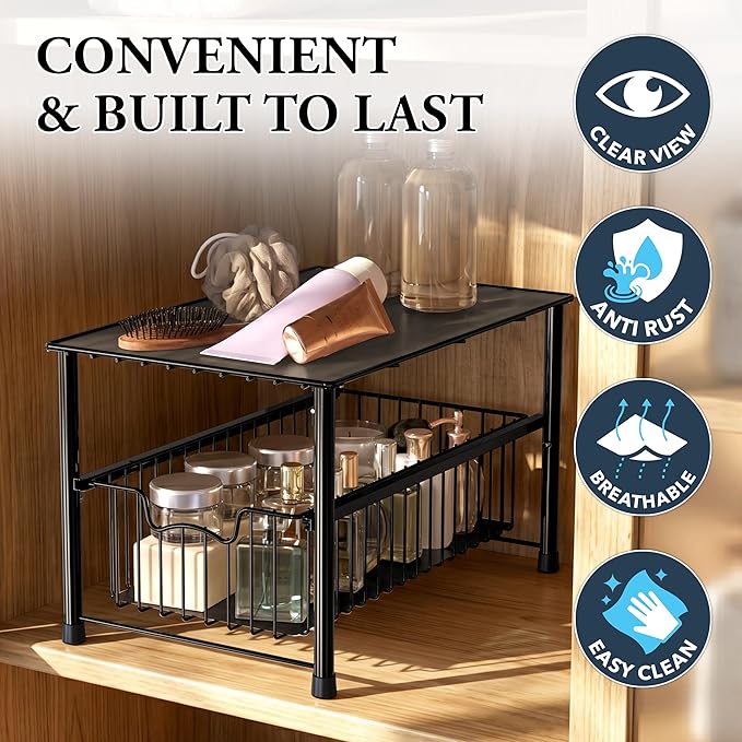 Simple Houseware Wired Stackable Under Sink Cabinet Sliding Basket, Black | Free Standing Organizer Drawer, Kitchen/Pantry/Cabinet/Counter