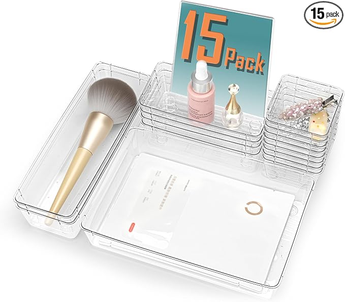 15Pcs Clear Plastic Drawer Organizers Set, 4size makeup drawer organizer trays for vanity/desk/bathroom/office/nightstand/gadgets for kitchen/desk drawer, Versatile drawer divider storage bins