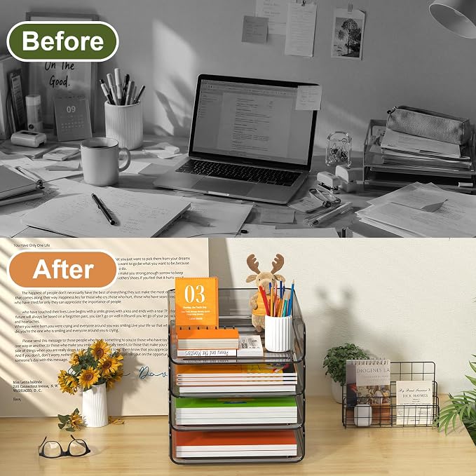 FANXIYQ 4-Tier Acrylic Paper Tray Organizer, Brown Office Paper Organizer | Stackable, Tool-Free Design with 2-4 Tiers for A4 Paper, Files, Books and Mail; Ideal for School, Home Office and Study Room