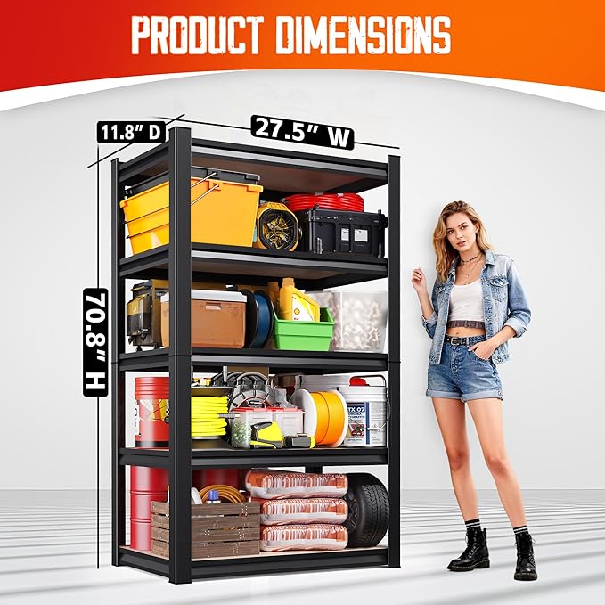 3-Pack 5-Tier Heavy Duty Garage Shelving Units - 71" H x 28" W x 12" D Adjustable Industrial Steel Metal Storage Rack Set for Warehouse, Pantry, Commercial Display & Basement, Black