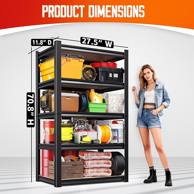 71"Hx28"Wx12"D Garage Shelving-5 Tier Garage Storage Shelves,Adjustable Heavy Duty Metal Shelving Unit and Storage Large Rack,Utility Steel Shelf For Warehouse Industrial Pantry Basement Organizers
