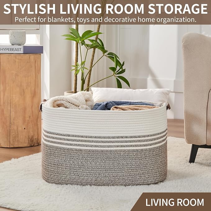 Laundry Hamper with Handles, 72L Rope Laundry Basket, Brown | Cotton rope clothes hamper with leather handles holds blankets, pillows, toys and laundry in nursery, bedroom or living room