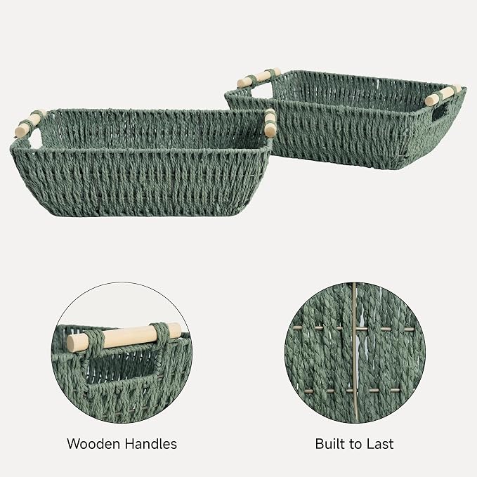 StorageWorks Extra Large Wicker Storage Basket for Organizing with Wooden Handles, Toilet Paper Baskets, Bosana Green, 2-Pack