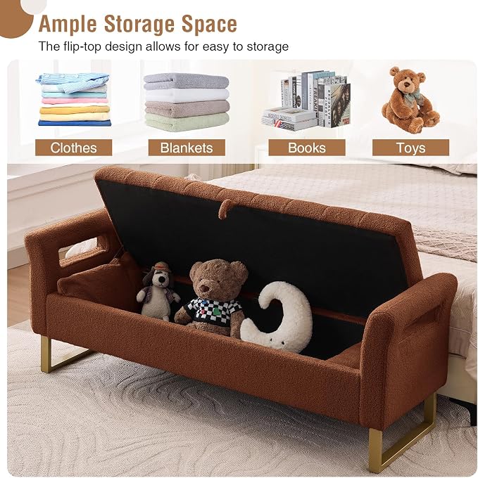 66" Storage Bench for Bedroom Upholstered End of Bed Bench King Size Brown | Long Bedroom Benches for Foot of Bed King,Teddy Storage Bed Bench with Gold Legs,2 Pillows for Entryway Windows Cloakroom