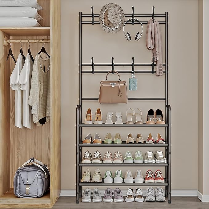 Coat Rack Shoe Rack With Storage Hooks Standing Organizer 4 Tier | Metal Freestanding Hall Tree for Clothes Hats bag Scarves Space Saving Design for Entryway Bedroom living Closet Office,Brown