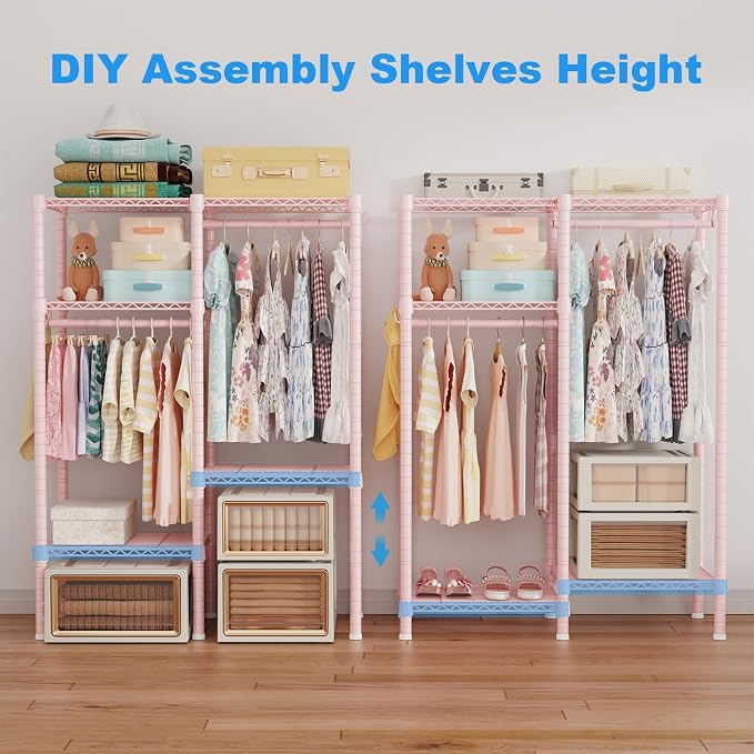 F1 Clothes Rack for Kids, Baby, Students, and Children's Room, 4 Tiers Portable Metal Closet Clothing Rack, Small Garment Rack with 2 Hanging Rod, 31.2" W x 11.8" D x 48" H, Pink | Clothing Rack for Baby and Children's Room, Small Freestanding Clothes ...