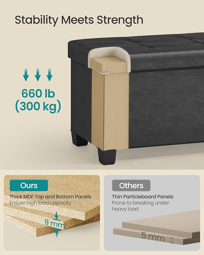 SONGMICS Storage Ottoman Bench with Legs, Folding Ottoman Foot Rest with Flipping Lid, Bench with Storage, for Living Room, Bedroom, Entryway, Linen-Look Fabric, 43.3 Inches, Ink Black ULSF079BH01