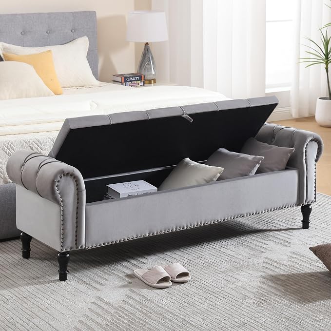 Velvet Storage Bench 67 Inch Upholstered Tufted Ottoman Bench with Arms King Size End of Bed Bench for Bedroom Living Room Entryway Light Grey